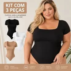 Kit 3 Body Feminino Plus Size  Manga Curta Decote Quadrado Forro Duplo Tendência Basico Blusa P002