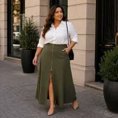 Saia Longa Plus size alfaitaria com bolso frontal Elegante e Versatil Moda Blogueira Detalhe Ziper Moderna P081