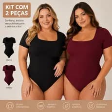 Kit 2 Body Feminino Manga Curta Decote Quadrado Plus Size Forro Duplo Moda Blogueira Tendência Suplex Premium P002