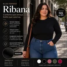 Blusa Feminina Ribana Plus size Manga Longa Básica Gola Redonda P004