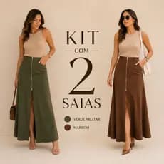 Kit 2 Saia Longa alfaitaria com bolso frontal Elegante e Versatil Moda Blogueira Detalhe Ziper Moderna P081