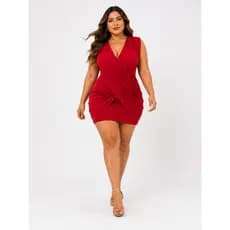 Vestido Plus Size Feminino Curto Transpassado Drapeado Decote V Elegante Festa Casual