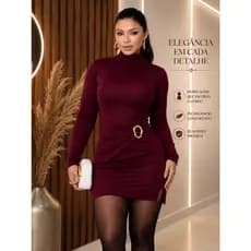 Vestido curto feminino fenda frontal manga longa gola alta fivela luxo acinturado inverno