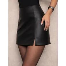 Saia Courino Feminina Com Short Interno Fenda Frontal Zíper Lateral Look Moderno Inverno Couro Fake Cintura Alta