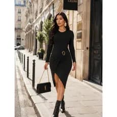 Vestido Midi Preto Premium Manga Longa Fenda Lateral Ajustado Com Fivela Dourada Elegante Festa Balada Luxo Feminino