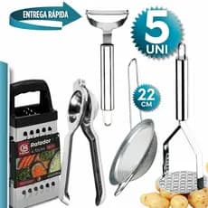 Kit 5 Peças Amassador de Batatas, cortador de legumes e Peneira 22", Ralador, espremedor de limao