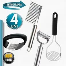 KIT Utensílios de cozinha Amassador batatas e  1 de Alho, Cortador ondulado, descascador de legumes