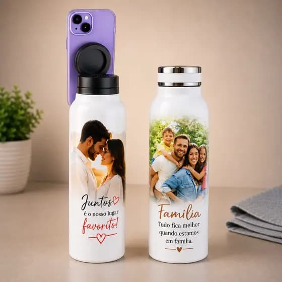 Garrafa Personalizada Térmica Inox Premium Luxo | Foto, Frase, Casal, Família ou Pet