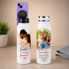 Garrafa Personalizada Térmica Inox Premium Luxo | Foto, Frase, Casal, Família ou Pet