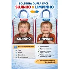 Bolsinha Sujinho e Limpinho Dupla Face Personalizada - Viagem, bebê, enxoval P e G