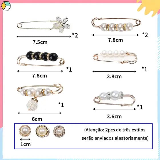 10 pinos de broche de pérola, alfinetes de segurança para roupas, calças, colarinho, broches de strass de pérolas falsas