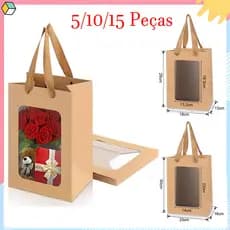 5/10/15 Peças sacos de presente Kraft com janela e alças, para festa de aniversário, chás de bebê, dia dos namorados