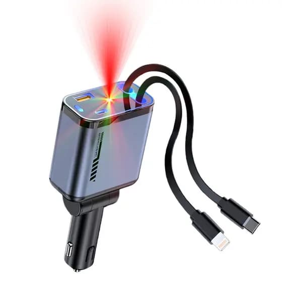 Carregador para carro com suporte para carregamento super rápido de 120 W Cabo retrátil de 80 cm Projeção Star Top 4 em1