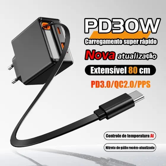 Carregador retrátil PD30W com suporte para cabo de dados de cabeça de carregamento Super rápido USB 3 em 1