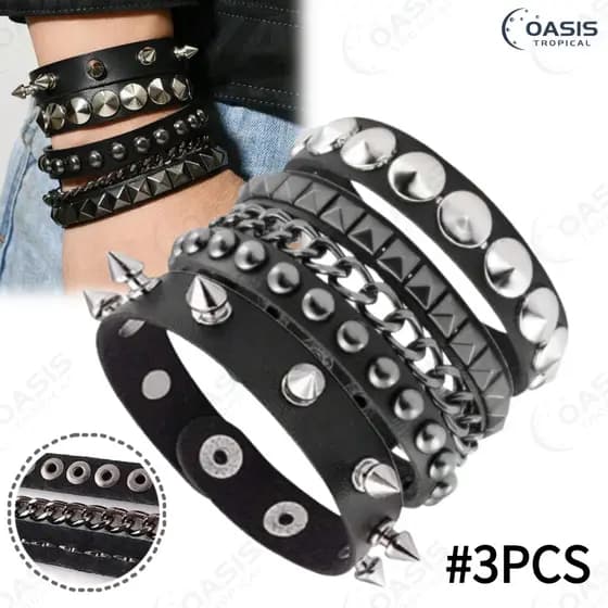 Pulseira de Couro com Pontas e Prego-3Peças Layered Punk Rock - Acessório Feminino/Masculino