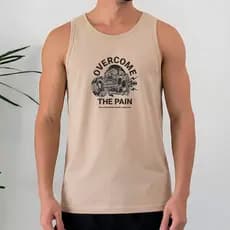 Camiseta Regata Masculina 100% Algodão Overcome The Pain Caveira Halteres Treino Academia Fitness
