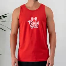 Camiseta Regata Masculina 100% Algodão Train Hard Estampa Halteres Motivação Treino Academia Fitness