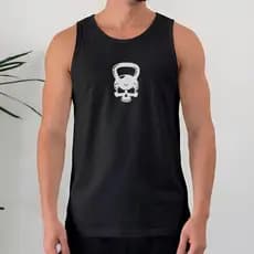 Camiseta Regata Masculina 100% Algodão Caveira com Kettlebell Estampa Treino Academia Crossfit Gym