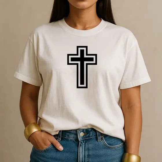 Camiseta 100% Algodão Cruz Cristã Minimalista Fashion Camisa Feminina Casual para o Dia a Dia