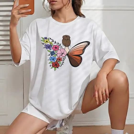 Camiseta Feminina Fashions Floral T-shirt Borboleta Fada 100% Algodão Envio Rápido
