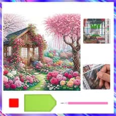 30 x 30 cm, Conjunto de 5D Casinha entre flores Diamante Arte Pintura DIY Diamante quadrados, pintura diamante 5D DIY