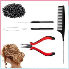 Conjunto de ferramentas para extensões de cabelo, contas com revestimento de silicone, alicate, para extensões de cabelo