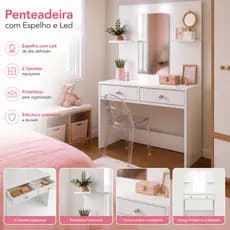 Penteadeira Compacta Com Espelho Maquiagens Com LED 2 Gavetas Mesa Camarim Prateleira 100% MDF