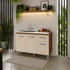 Balcão de Cozinha 120cm Sem Pia 3 Portas 1 Gaveta 100% Compacta Resistente Armario Multiuso