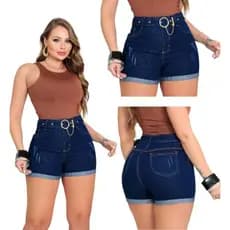 Short Jeans Feminina  Cintura  Alta Barra Dobrada Com Laycra  Com Cinto