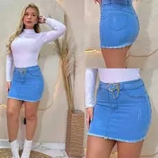 Saia Feminina  Lycra Barra Desfiada Cintura Alta Acompanhado Com Cinto E Bolso