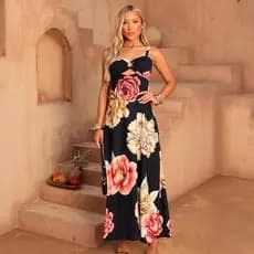 Vestido Longo Estampado Floral Viscose Sarjada com Alças Ajustáveis Moda Feminina Luxo tropical