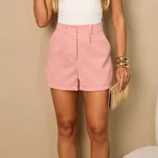 Short Feminino com Bolsos Cintura Alta Alfaiataria Viscose e Linho Moda Casual Verão