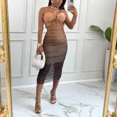 Vestido Feminino Midi Tule Drapeado Tomara que Caia Decote com argola Tendência Fashion Elegante