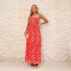 Vestido Midi Feminino Viscolinho Bordado com Alças Delicadas Costas com Elástico Moda Elegante Verão