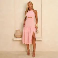 Vestido Midi Viscolinho Bordado Gola Alta Estilo Halter Amarração nas Costas Moda Luxo BrasilCore