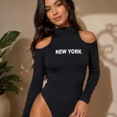 Body Feminino Elegante Manga Longa Suplex Premium Gola Alta Ombro Vazado Estampa New Yotk Moda Gringa