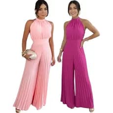 Kit 2 Macacão Feminino Longo Plissado Duna Gola Halter Moda Elegante BrasilCore