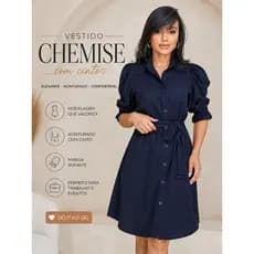 Vestido Chemise Feminino Midi Com Cinto Viscolinho Manga Bufante Social Elegante Evangélico