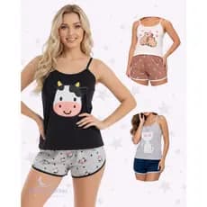 Pijama Baby Doll Conjunto Feminino Malha Leve Blusa e Short Capivara Vaquinha Confortável Promoção