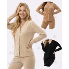 Conjunto Americano Canelado Aveludado Luxo Ted Pijama Quentinho Botão Gestante Amamentação Soft Fleece Inverno Frio