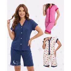 Pijama Pescador Manga Curta Aberto Botões Amamentação Idosa Pós Cirúrgico Gestante Senhora Promoção