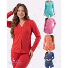 Pijama Feminino Estilo Americano Amamentação de Botão Inverno Frio Malha Confortável Promoção