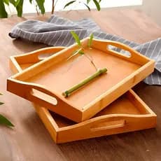 Bandeja Retangular De Bambu 46x33Cm E 40x30Cm Com Arco 33x22Cm Alça Reta Decorativo Servir  Bandeja