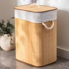 Cesto de Roupa Suja 70 LITROS Lavanderia Bambu c/ Tampa Retangular/Redondo Forrado Envio imediato
