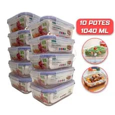 Conjunto Com 10 Potes Vidro 1040ml Hermético Marmita 4 Trava