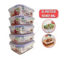Conjunto Com 5 Potes Vidro 1040ml Hermético Marmita 4 Trava