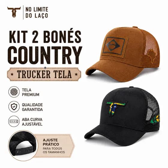 Kit 2 Bonés Country Trucker Tela ORIGINAL No Limite do Laço Brasil Masculino Feminino
