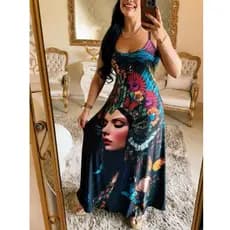 Vestido Feminino Longo Alça Estampado Exclusivo } Casual Elegante Verão Midi Minimalista Vestido de Festa Básico Chique