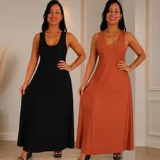 kIT 2 Vestido Feminino Longo Liso Colorido } Casual Elegante Midi Minimalista Vestido de Festa Básico Vestido Longo