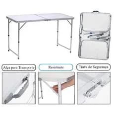 Kit Mesa Dobrável Portátil Vira Maleta Camping Churrasco 120X60cm com 4 Banquinhos Dobráveis Brancos